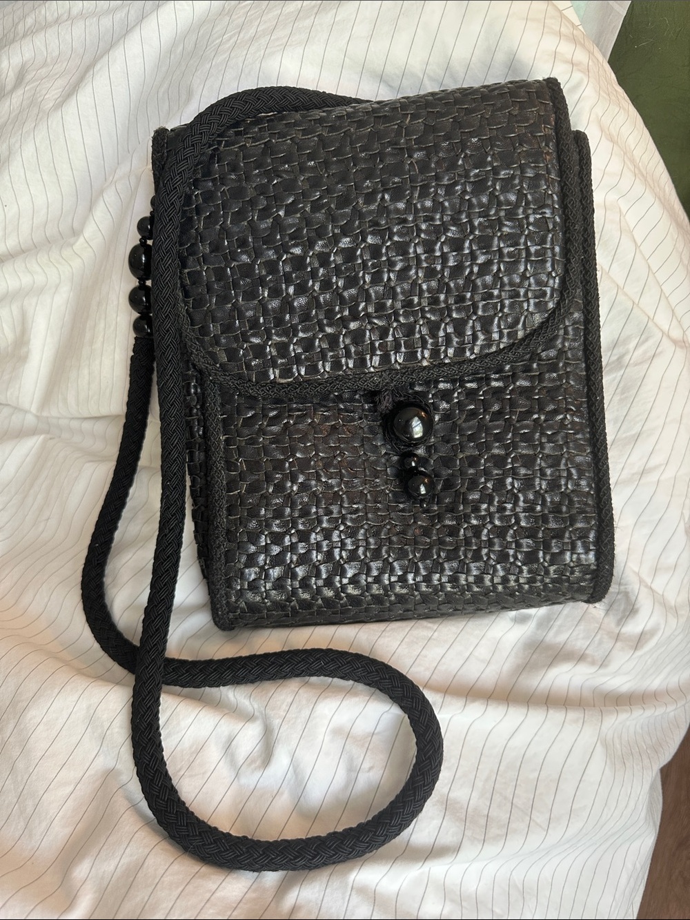 Vintage Rafael Sanchez Woven Black Leather Crossbody Bag with Black Beads
